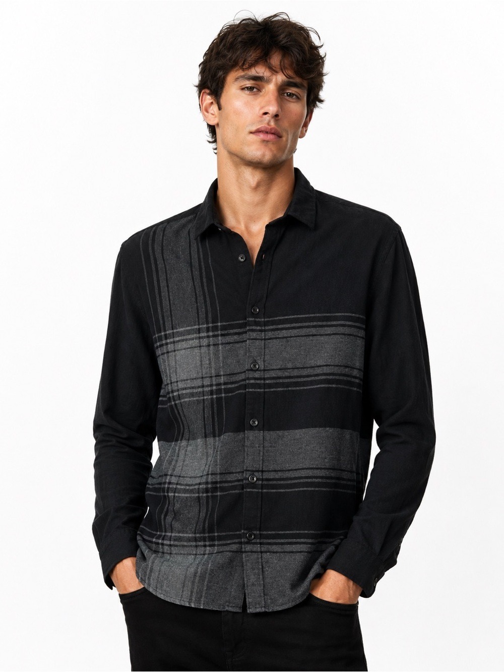 AllSaints Gradwell Men’s Shirt Black Plaid 100% Cotton Button Up Long Sleeve, S
